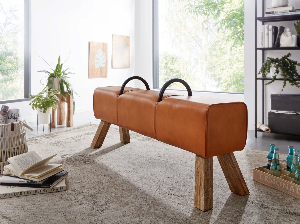 Banc en cuir véritable/bois massif 133 x 60,5 x 34 cm, banc de gymnastique moderne en cuir, tabouret en cuir Springbock avec poignées, tabouret de gymnastique rembourré_02