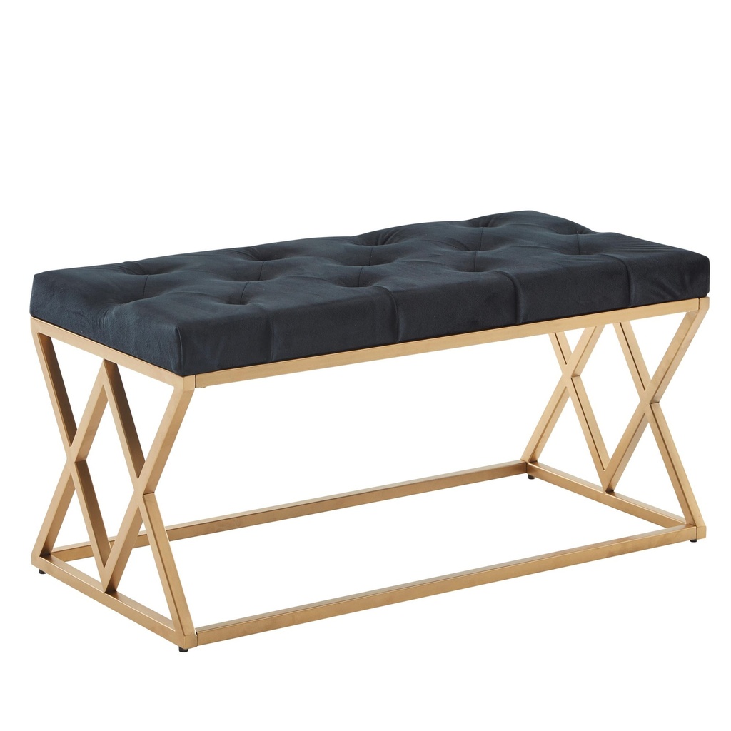 Banc en Velours Noir 90x46x44 cm Banc de Couloir rembourré avec Structure en métal, Banc de lit Chambre à Coucher Design Chesterfield, Pieds : Double Croix_06