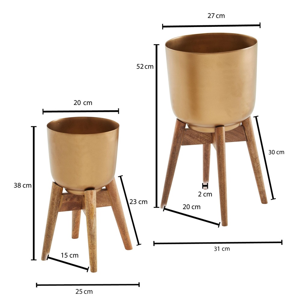 Pot de fleurs Lot de 2 pots de fleurs en métal/bois massif doré avec pieds, pot de fleurs design rond, pot de fleurs_03