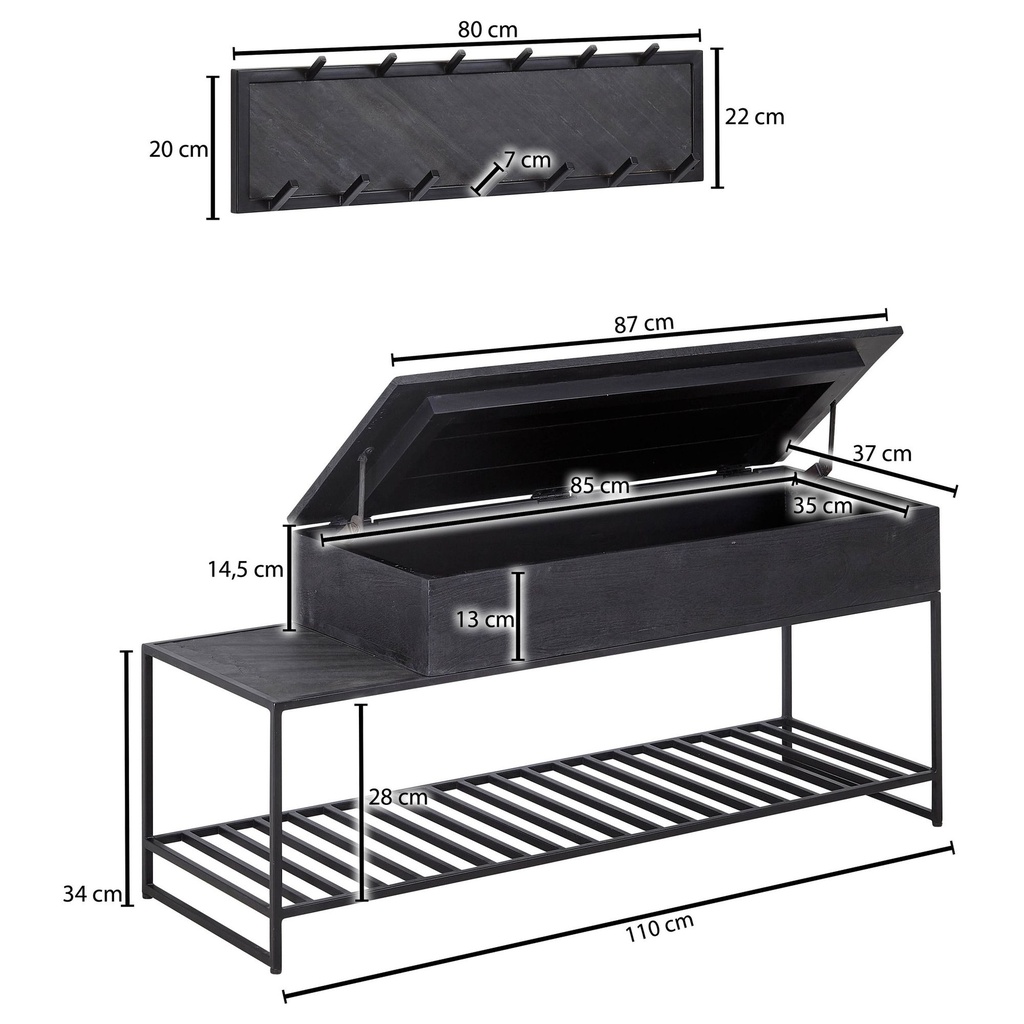 Banc avec armoire murale Banc à chaussures en bois massif de manguier noir 110 cm, ensemble d'armoire design de couloir industriel_03