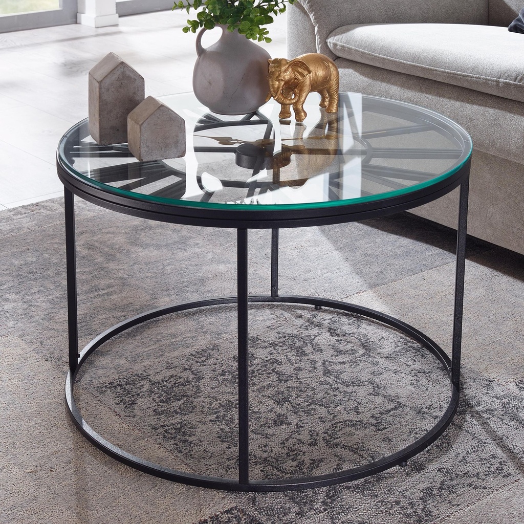 Table basse verre métal 60x60x43 cm table de canapé noir avec horloge décorative, table de salon design ronde, petite table basse moderne_01