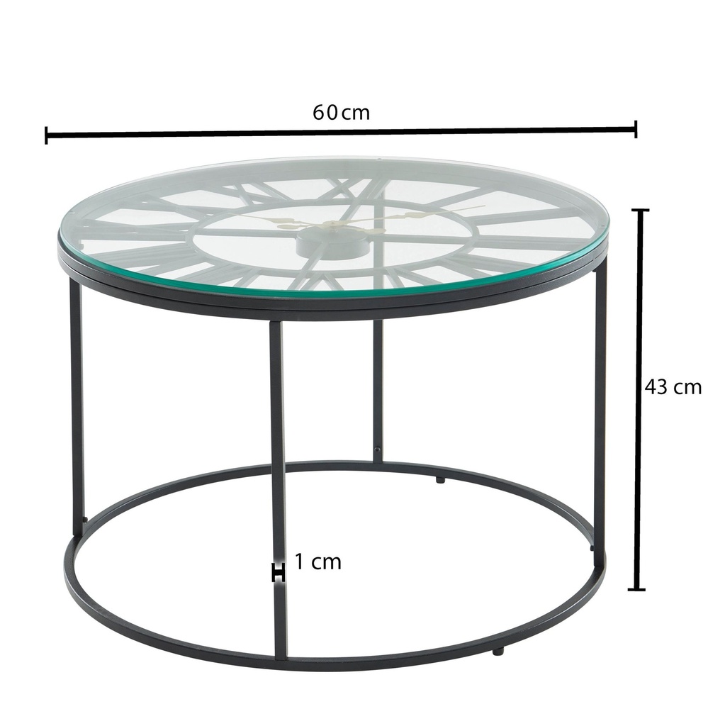 Table basse verre métal 60x60x43 cm table de canapé noir avec horloge décorative, table de salon design ronde, petite table basse moderne_03