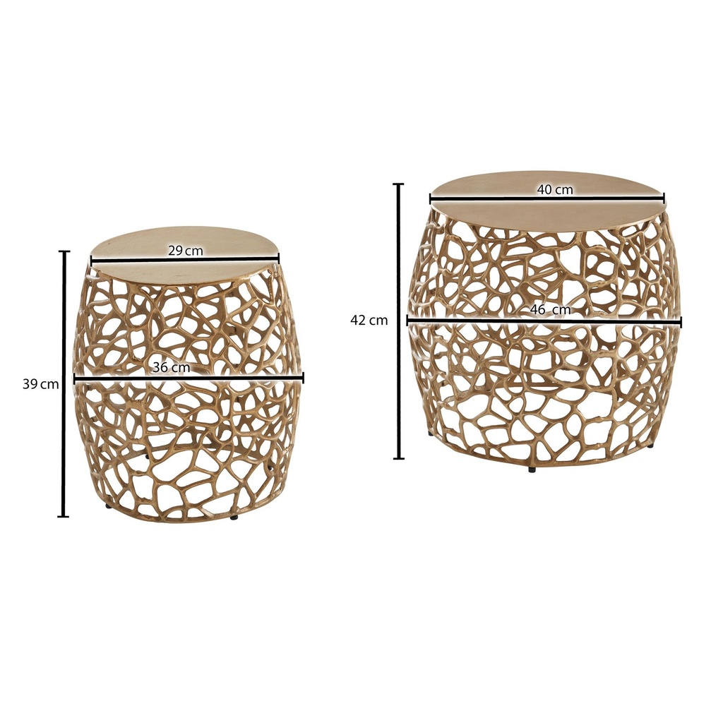 Lot de 2 tables d'appoint rondes en aluminium et métal doré pour salon, table basse, structure de branches, moderne WL6.690_03