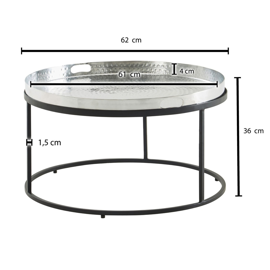 Table basse métal martelé 62x62x36 cm table de canapé aluminium argent noir, table de salon design plateau amovible rond_03