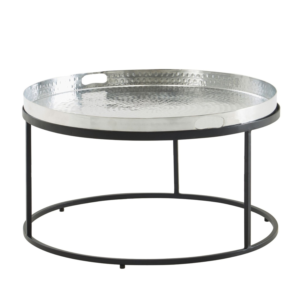 Table basse métal martelé 62x62x36 cm table de canapé aluminium argent noir, table de salon design plateau amovible rond_07