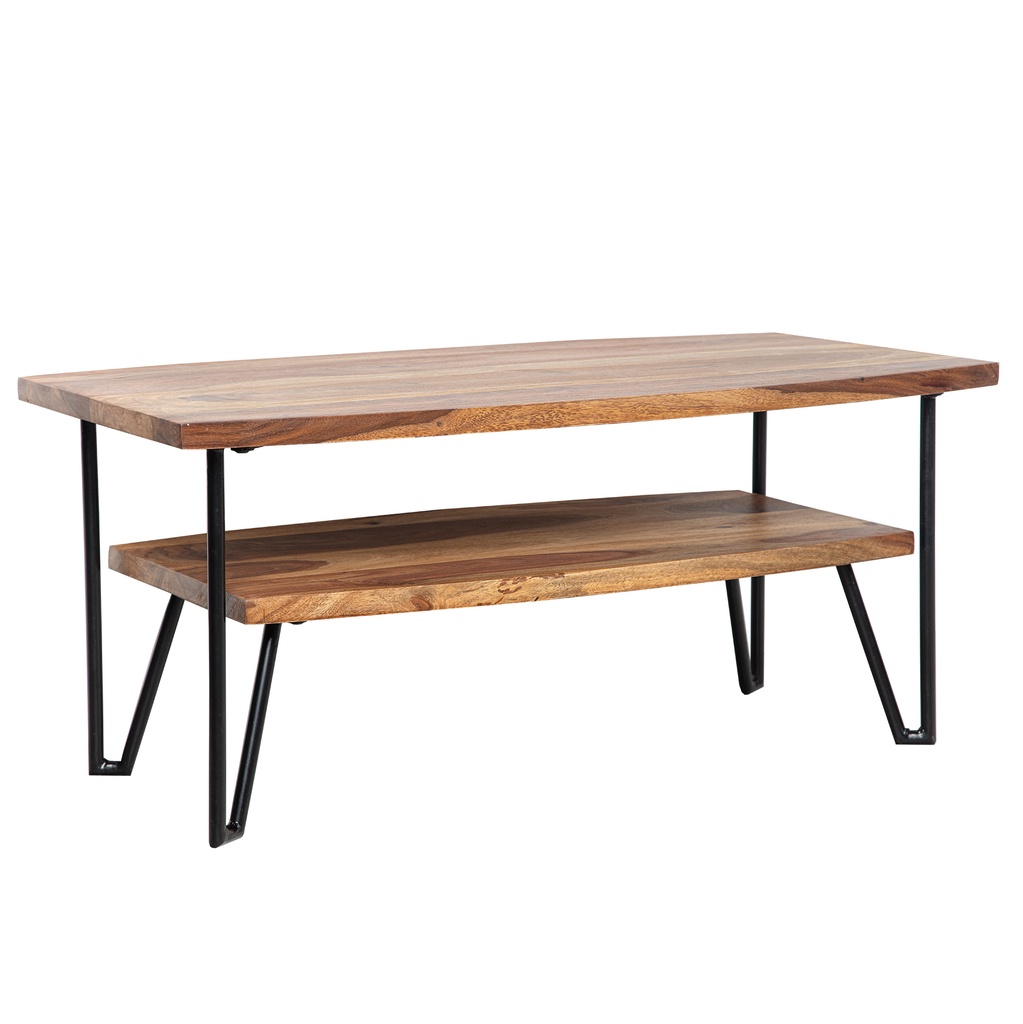 Table basse 90x50x40 cm Table basse en bois massif / métal Sheesham rectangulaire, table basse avec espace de rangement, industrielle à quatre ronds_06