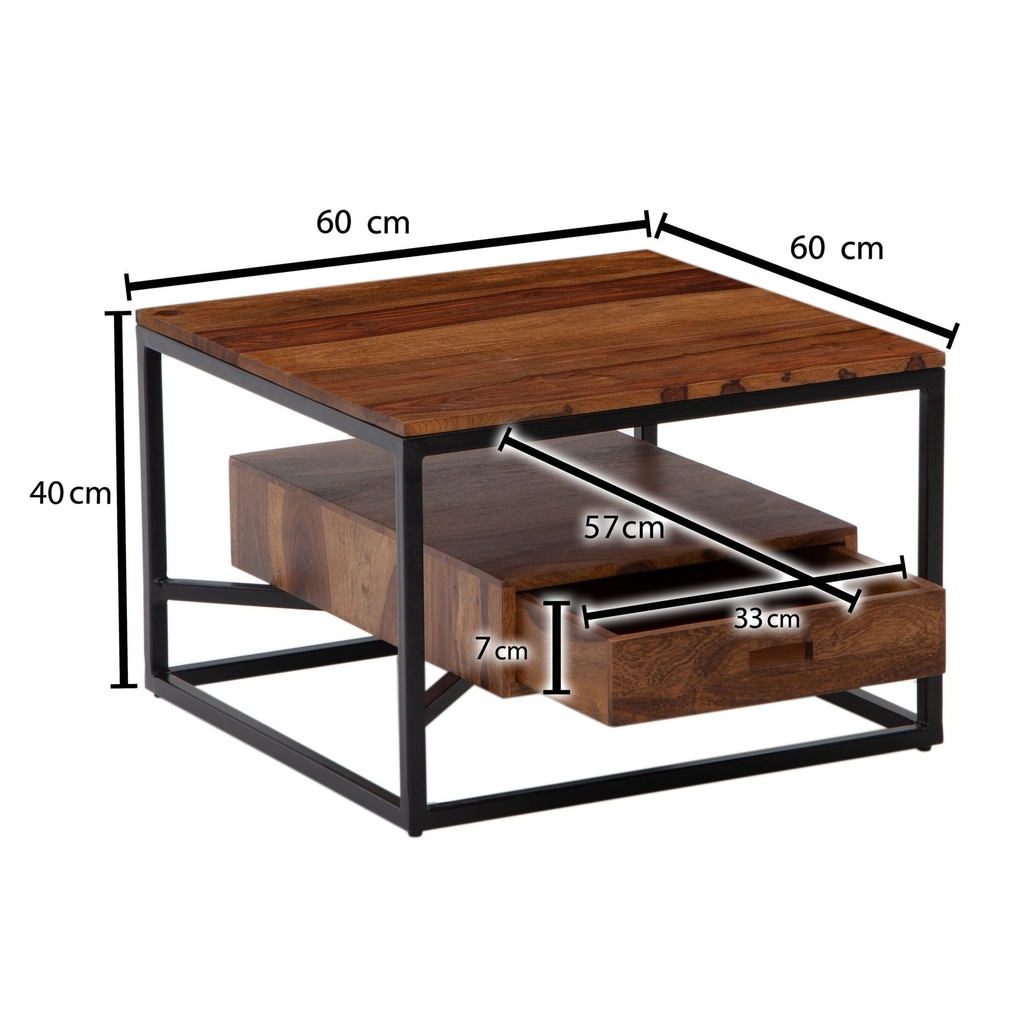 Table basse 60x60x40 cm en bois massif de Sheesham/métal Table de canapé design carré Table de salon Table basse solide avec tiroir WL6.721_03