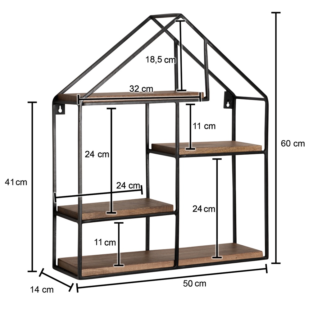 Étagère murale 49,5x60x14 cm en bois massif de manguier / étagère suspendue en métal en forme de maison, industrielle_03