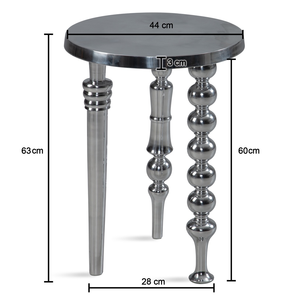 Table d'appoint 44 x 44 x 63 cm en aluminium avec trois pieds différents, trépied, métal, rond argenté, moderne_03