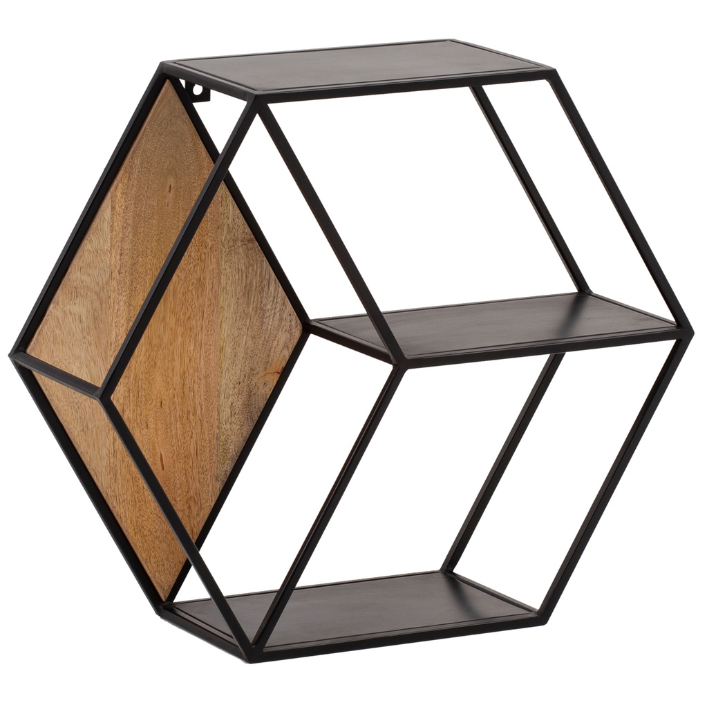 Étagère Murale 60x52x20 cm Étagère Suspendue en Bois Massif/Métal de Manguier Industriel, Étagère Flottante de Conception Hexagonale, avec 3 Étagères_06