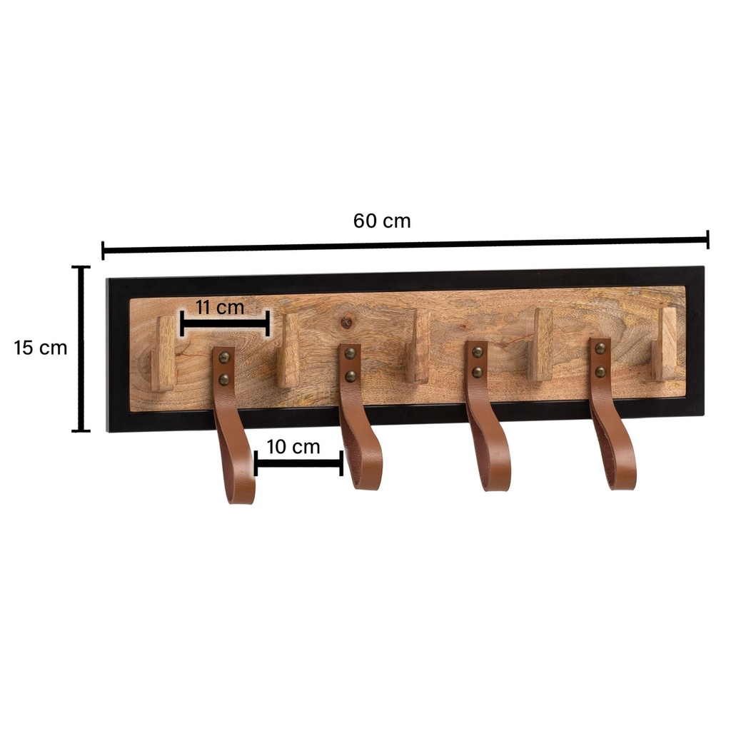 Porte-manteau mural Bois massif de manguier / cuir véritable 60x15x6 cm, porte-manteau pour vestes, écharpes et chapeaux, avec structure et boucles en métal_03