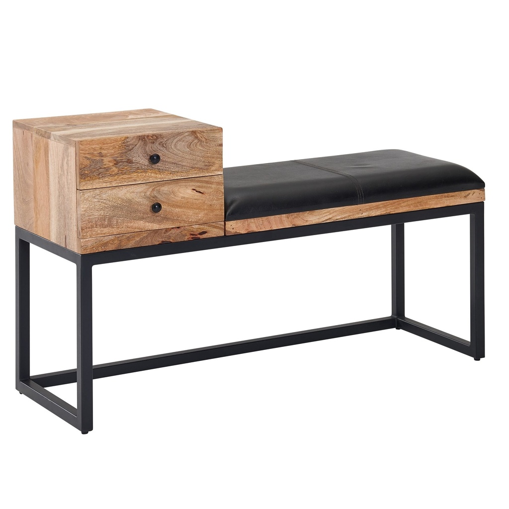 Banc en cuir de chèvre / banc en bois massif 100x60x35 cm de style rétro, banc de couloir rembourré en métal avec espace de rangement