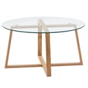 Table basse 78x78x41 cm table de canapé en bois de chêne massif/verre ronde, table de salon design moderne, table en bois table de chambre grande