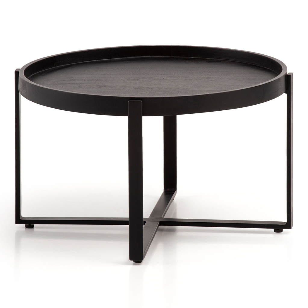 Table Basse 60x60x35 cm Bois Massif de Manguier/Métal Noir Table de Canapé Ronde, Table de Salon Design avec Bord Surélevé