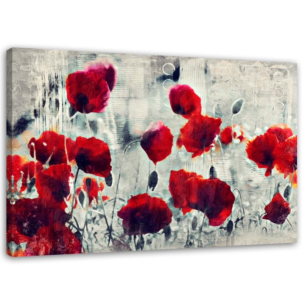 Cadre imprimé sur toile avec image abstraite de coquelicots rouges dans un pré noir et blanc fabriqué en mdf et toile