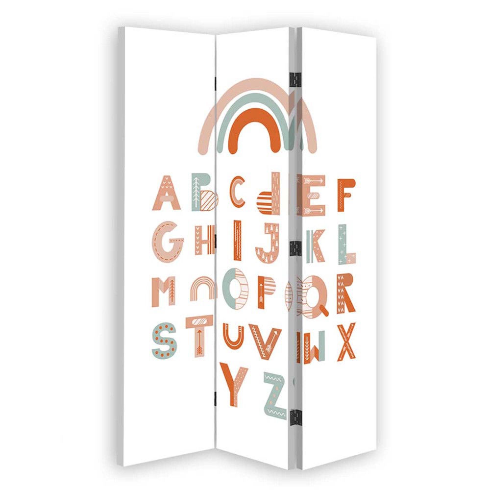 Paravent avec image d'un alphabet et d'un arc-en-ciel fabriqué en mdf et toile