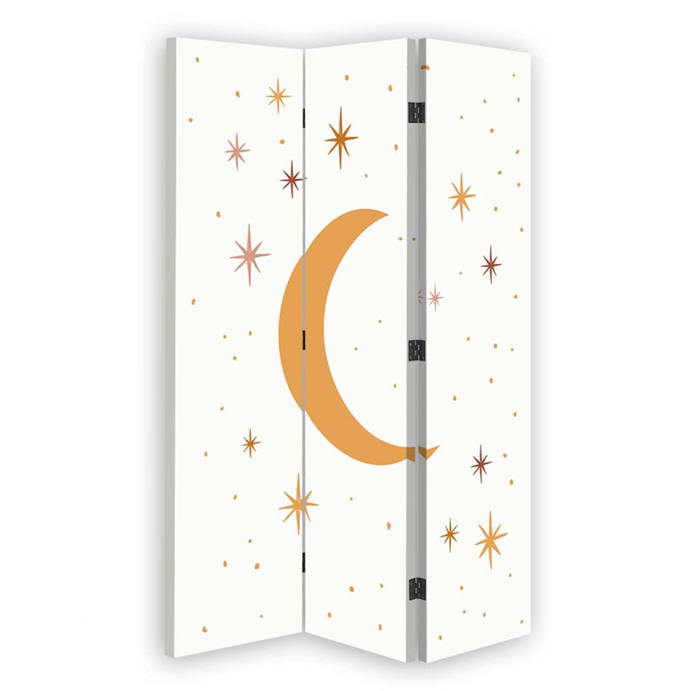 Paravent séparateur d'espaces avec dessin de lune et étoiles imprimé sur toile avec cadre n mdf jaune