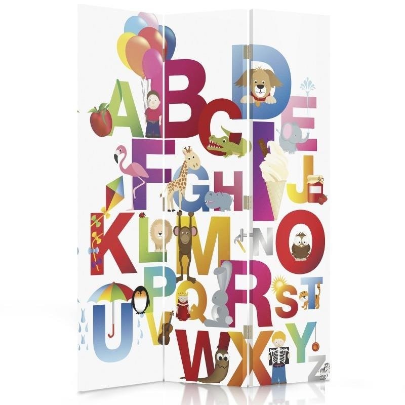 Paravent séparateur d'espaces pour enfants double face en toile avec cadre en mdf motif alphabet