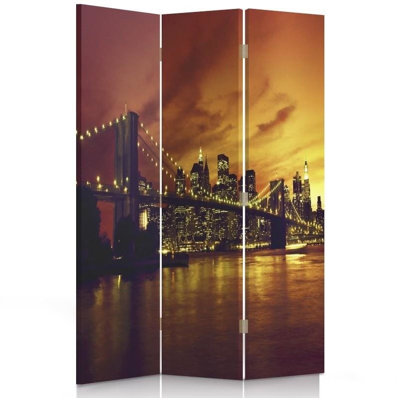 Paravent séparateur d'espaces double face pivotant en toile et mdf motif pont de brooklyn et manhattan au coucher du soleil