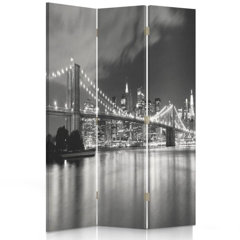 Paravent séparateur d'espaces double face pivotant en toile et mdf motif pont de brooklyn la nuit