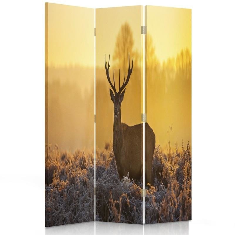 Paravent avec image d'un cerf à la lumière du coucher du soleil fabriqué en mdf et toile