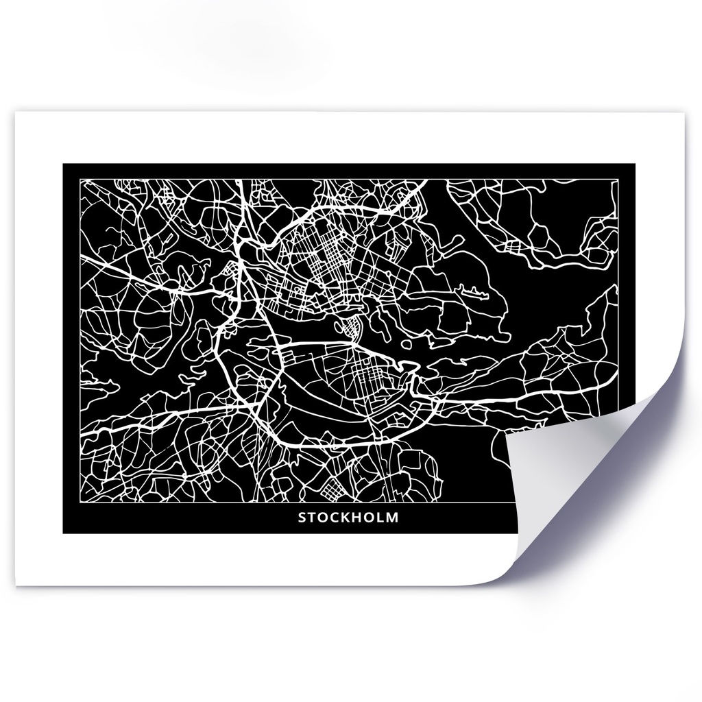 Poster avec image d'un plan de la ville de stockholm imprimé sur papier satiné noir et blanc