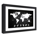 Cadre noir en mdf plaqué avec poster décoratif carte du monde et des continents contrastée