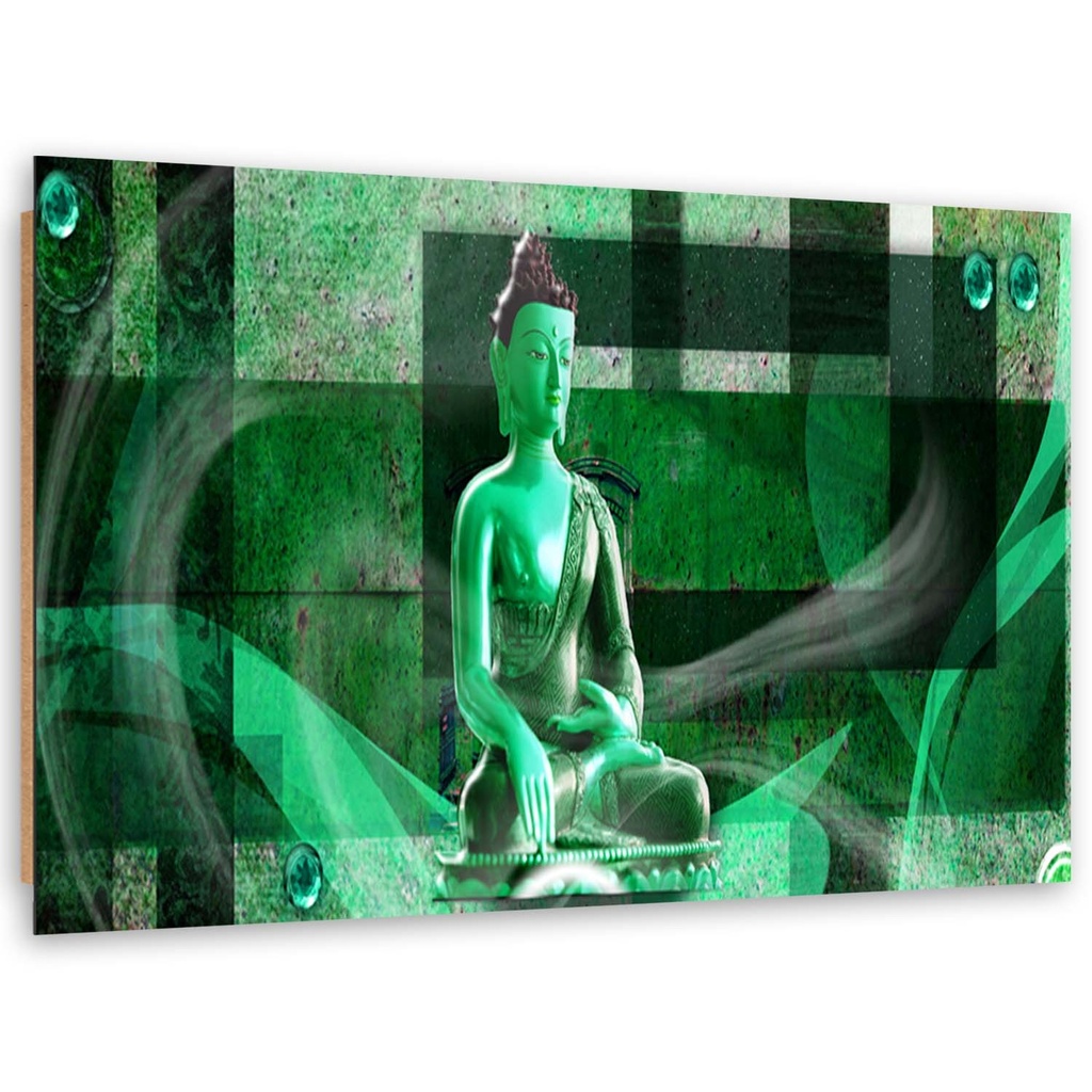 Cadre imprimé sur toile avec image de bouddha sur fond géométrique de couleur verte fabriqué en mdf