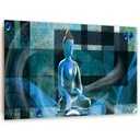 Cadre imprimé sur toile avec image de bouddha sur fond géométrique bleu fabriqué en mdf