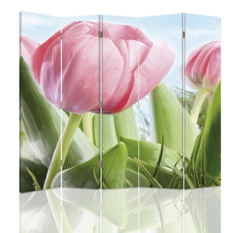 Paravent à deux faces 180 cm fabriqué en mdf et toile avec image de tulipe rose