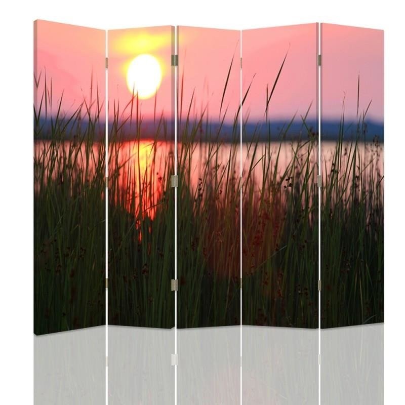 Paravent séparateur d'espaces avec coucher de soleil sur le lac imprimé sur toile avec cadre en mdf