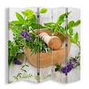 Paravent séparateur d'espaces rectangulaire double face en toile avec motif mortier en bois pour herbes