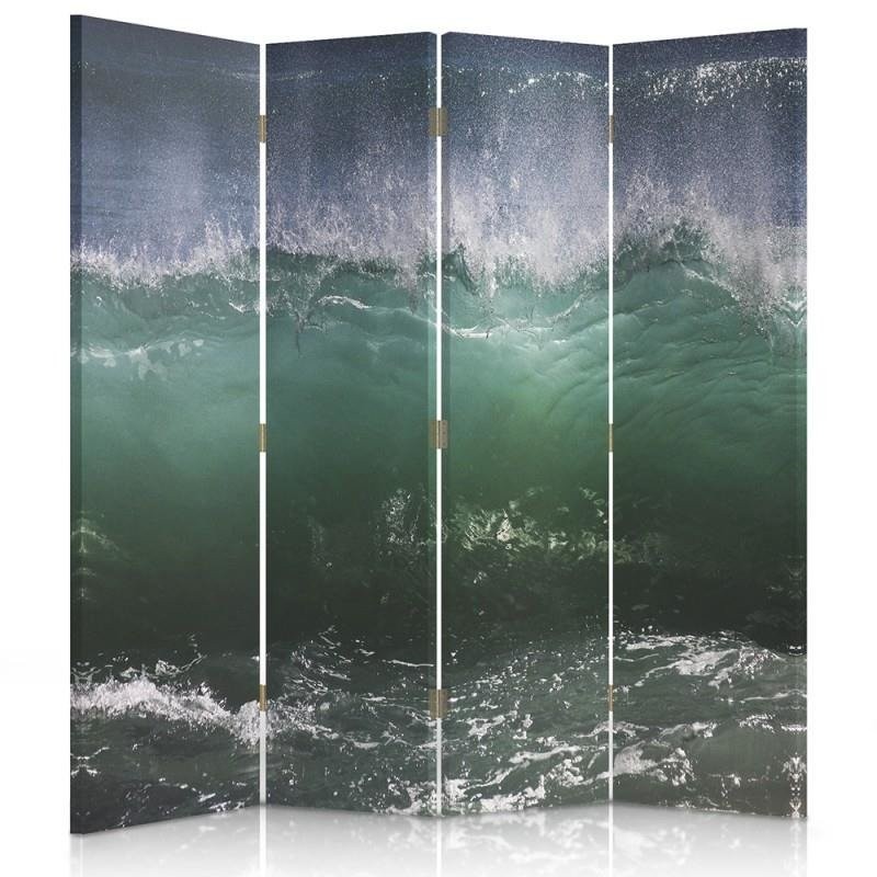 Paravent à deux faces 145 cm fabriqué en mdf et toile avec image de tsunami vert