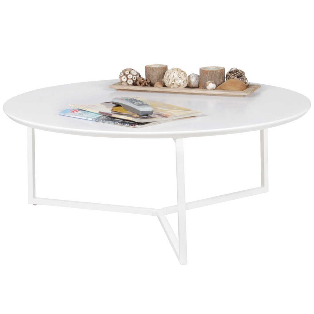 Design table basse bois MDF blanc mat structure métal ø 80 cm, laqué, moderne, ronde