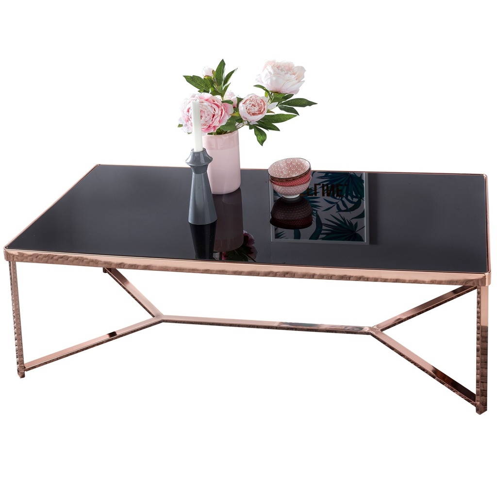 Design table basse plateau en verre noir / structure cuivre 120 x 60 x 40 cm