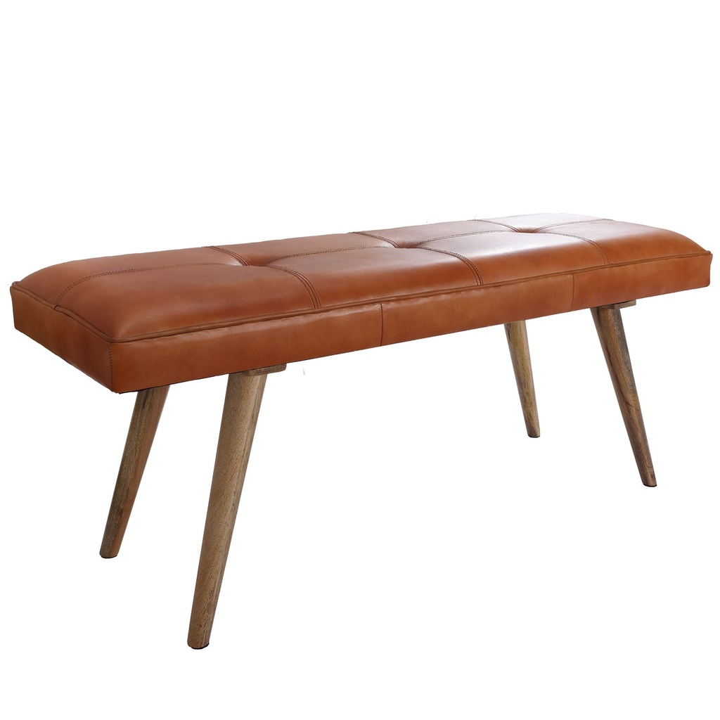 Banc SALIM en cuir de chèvre / banc en bois massif 117x51x38 cm de style rétro