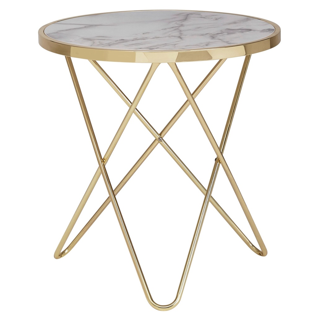 Design table d'appoint aspect marbre blanc rond Ø55 cm structure en métal doré