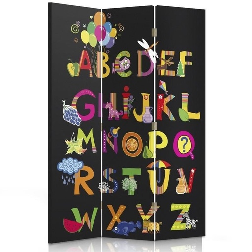 [A06250] Paravent séparateur d'espaces pour enfants pivotant en toile avec cadre en mdf motif alphabet