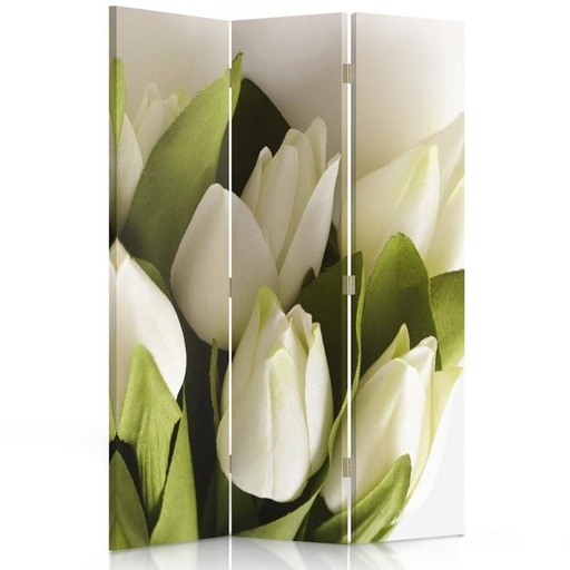 [A06265] Paravent séparateur d'espaces double face pivotant en toile avec cadre en mdf motif tulipes blanches fraiches