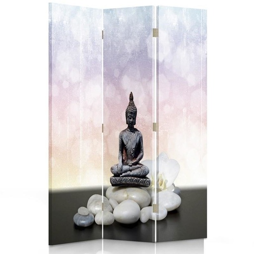 [A06288] Paravent pliable composé de trois parties bouddha et pierres