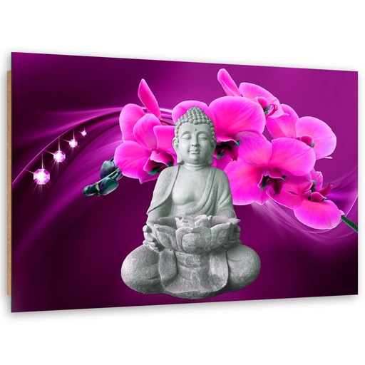 Cadre imprimé sur toile avec image de bouddha et d'une orchidée rose fabriqué en mdf et toile