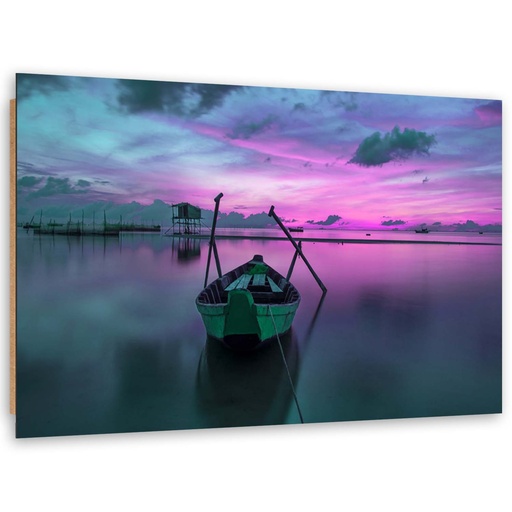 Cadre décoratif en mdf avec image imprimée sur toile d'un bateau sur le lac couleur violette