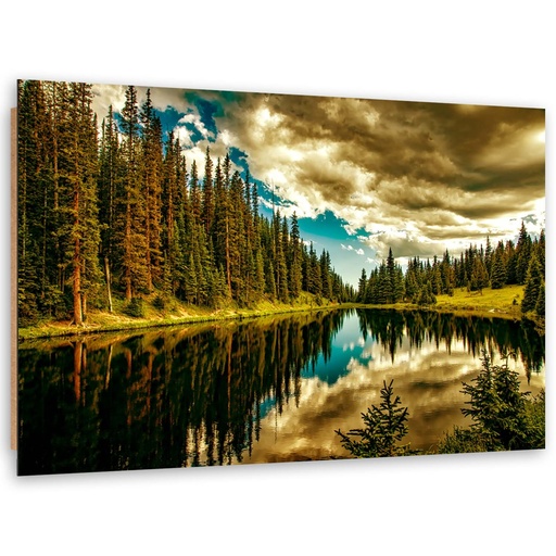 Cadre décoratif en hdf avec image d'un bois au bord du lac imprimée sur papier satiné avec finition verte