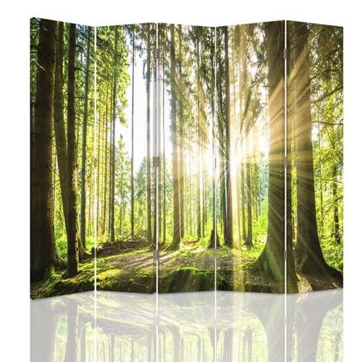 [A08934] Paravent à deux faces 180 cm fabriqué en mdf et toile avec image de rayons de soleil dans la forêt