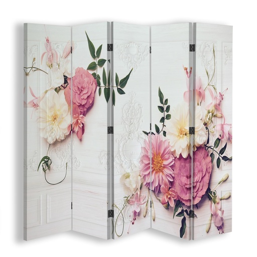 [A09027] Paravent séparateur d'espaces en toile avec cadre en mdf et un motif floral de couleur rose