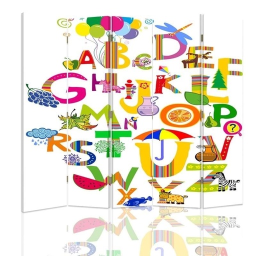 [A09041] Paravent séparateur d'espaces pour enfants en toile avec cadre en mdf et dessin d'alphabet