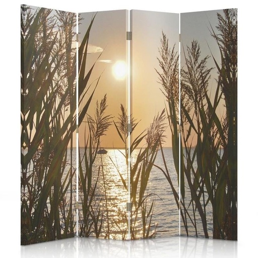 [A09164] Paravent à deux faces 145 cm fabriqué en mdf et toile avec image coucher de soleil sur le lac