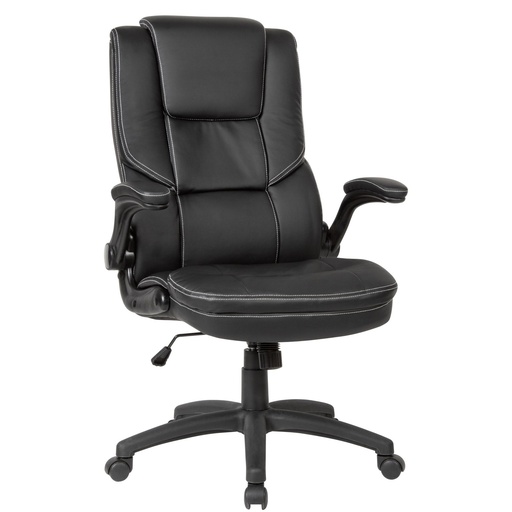 [A09487] Chaise de bureau simili cuir noir, avec accoudoirs rabattables et dossier haut