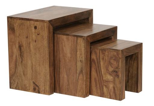 [A09548] Set de 3 tables gigognes MUMBAI en bois massif de sheesham style maison de campagne, bois naturel marron foncé