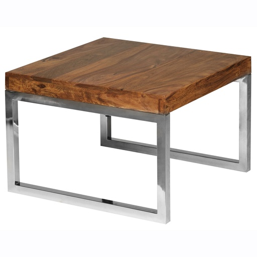 [A09578] Table d'appoint GUNA 60 x 40 x 60 cm en bois massif de Sesham structure en métal style maison de campagne, marron foncé naturel